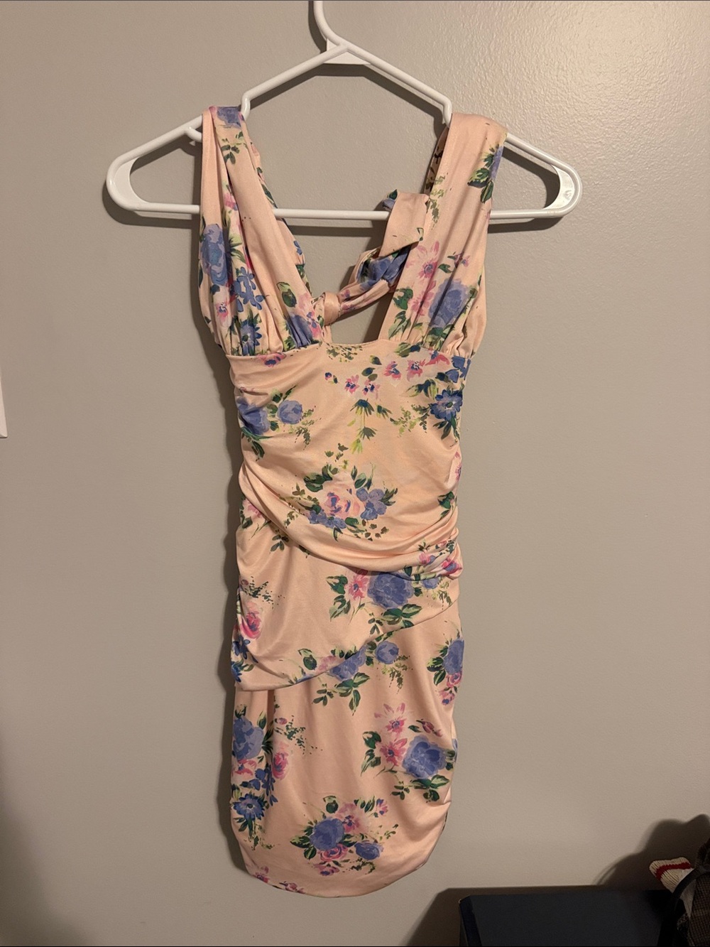 Zara Peach Floral Ruched Mini Dress with Blue Accents
